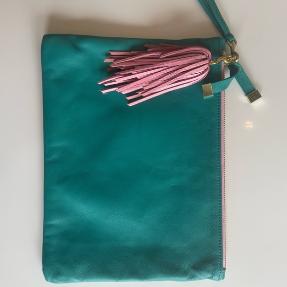 K. Slade Teal Genuine lamb leather Vale pouch, wristlet, and pink Pom tassel. - Picture 2 of 7